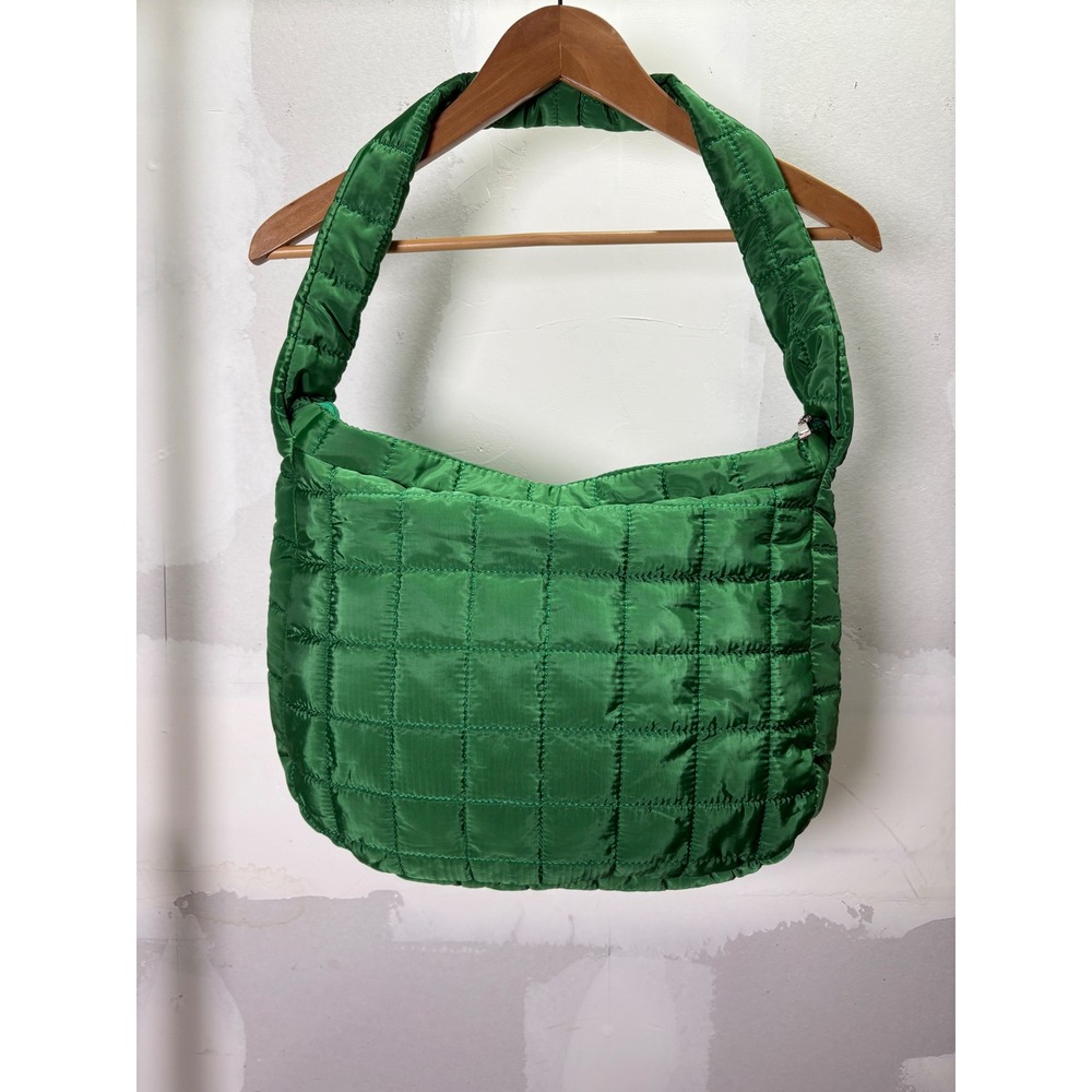 Green Quilted Puffer Shoulder Bag Hobo Tote Square Padded Puffy Zip‎ Purse
